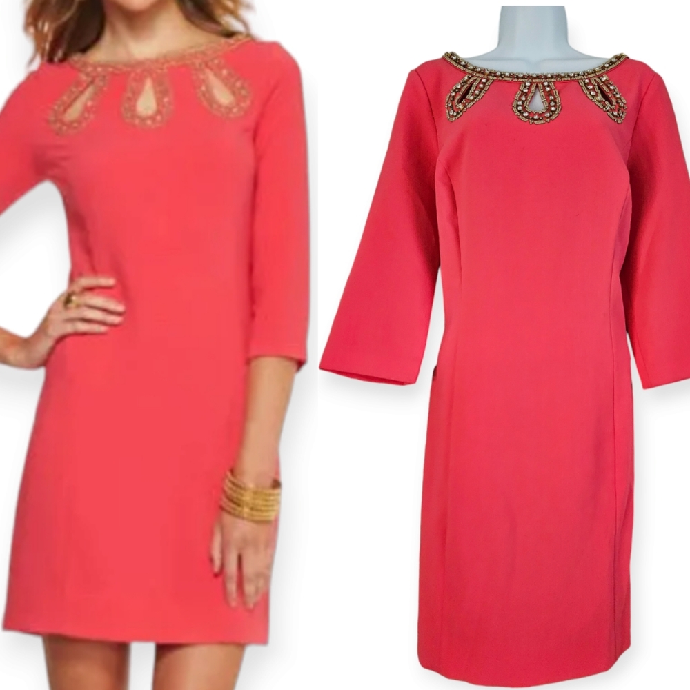 Lilly Pulitzer pink beaded key hole shift dress Womens 10